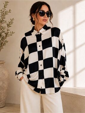 Vintage Linda Allard Ellen Tracy Silk Checkerboard Dolman Blouse S Avant Garde